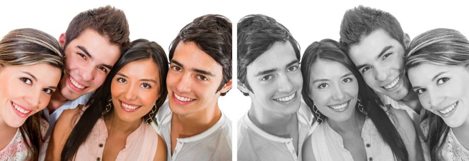 two images of young men and women smiling, left color image, right black and white image