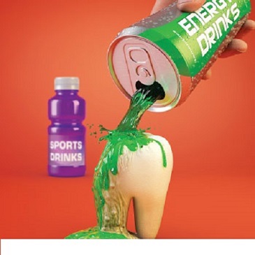 graphic of energy drink being poured over graphic of tooth, which is melting as if being doused with acid. in the background, a "sports drink" brand sports drink ominously waits for its turn