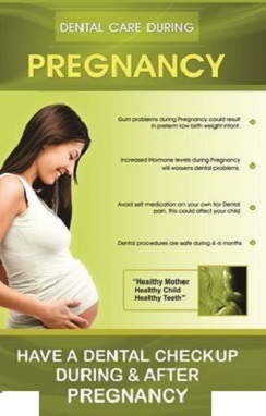 graphic with image of pregnant woman, text reading "dental care during pregnancy, have a dental checkup during & after pregnancy"
