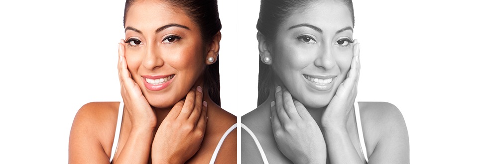 two images of woman smiling with hands against face, left image in color, right image in black and white
