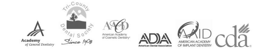 logos or Academy of General Dentistry, Tri-County Dental Society, American Academy of Cosmetic Dentistry, American Dental Association, American Academy of Implant Dentistry, CDA